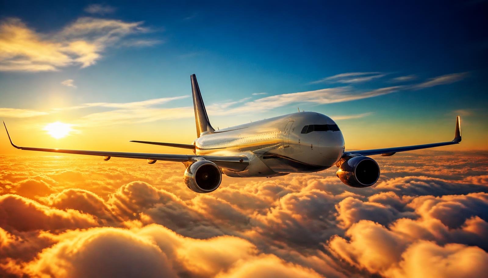 Avião comercial voando acima das nuvens ao pôr do sol